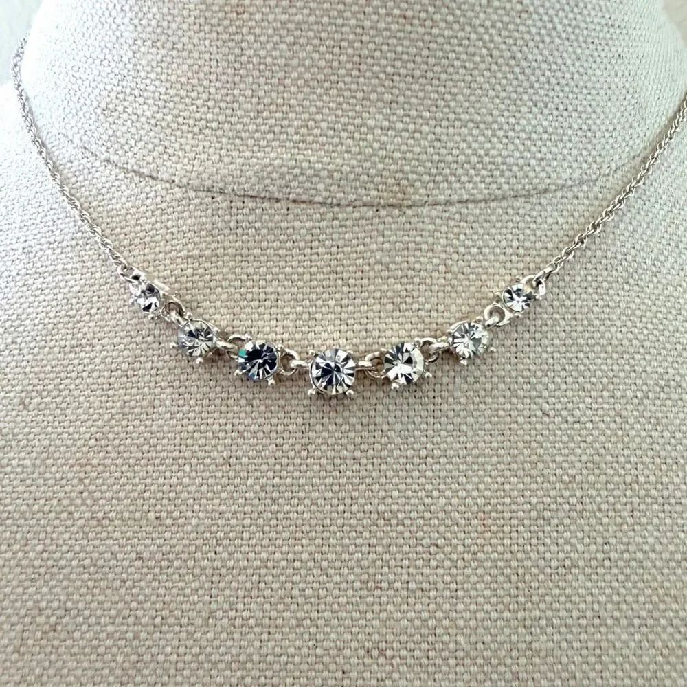 Avon Rhinestone Necklace Silver Tone Graduated Crystal Necklace